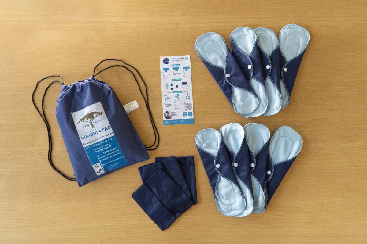 Makini Pad kits ready for distribution — locally made and reusable, each kit keeps a girl in school month after month.